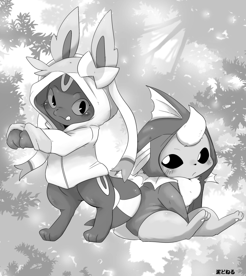 absurd_res ambiguous_gender blush clothed clothed_feral clothing cosplay doneru duo eeveelution feral flareon forest forest_background fur generation_1_pokemon generation_2_pokemon generation_6_pokemon greyscale hi_res hoodie looking_at_viewer monochrome nature nature_background nintendo paws plant pokemon pokemon_(species) sitting smile standing sylveon tongue tongue_out topwear tree umbreon vaporeon