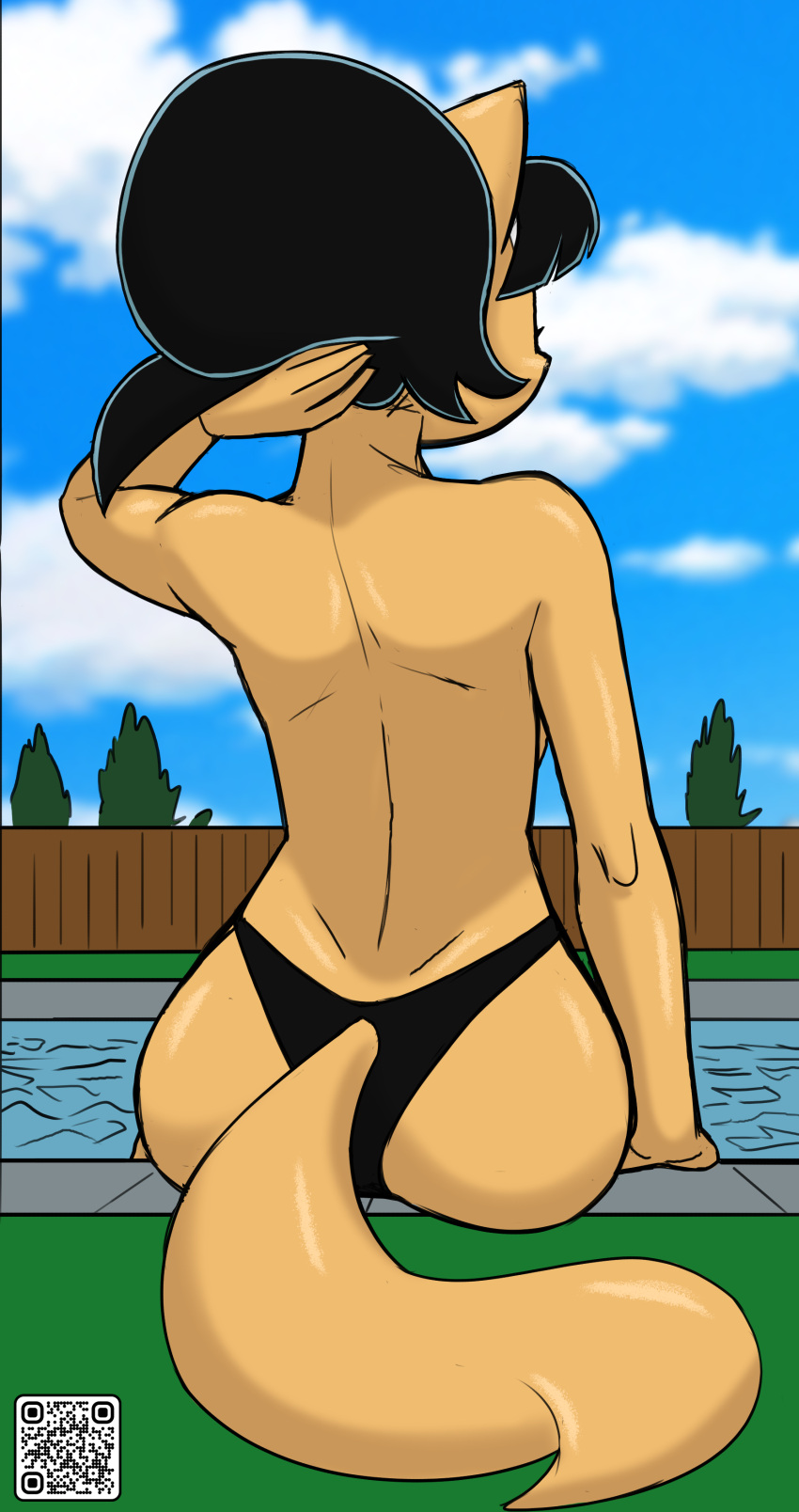 2023 absurd_res accessory anthro arm_support barely_visible_breasts bent_arm bikini bikini_bottom black_bikini black_bikini_bottom black_clothing black_hair black_swimwear blue_sky blue_water blurred_background breasts brown_fence butt clothed clothing cloud color_edit colored day detailed_background digital_drawing_(artwork) digital_media_(artwork) domestic_cat extended_arm eyelashes faceless_anthro faceless_character faceless_female felid feline felis female female_anthro fence fingers fur glistening glistening_body glistening_fur glistening_tail grass hair hair_accessory hairband hi_res humanoid_hands kitty_katswell mammal nickelodeon outside plant poolside prick_ears qr_code rear_view redout shadow short_hair sitting sky solo swimming_pool swimwear t.u.f.f._puppy tail tan_body tan_ears tan_fur tan_tail third-party_edit topless topless_anthro topless_female touching_hair tree water white_clouds white_hairband