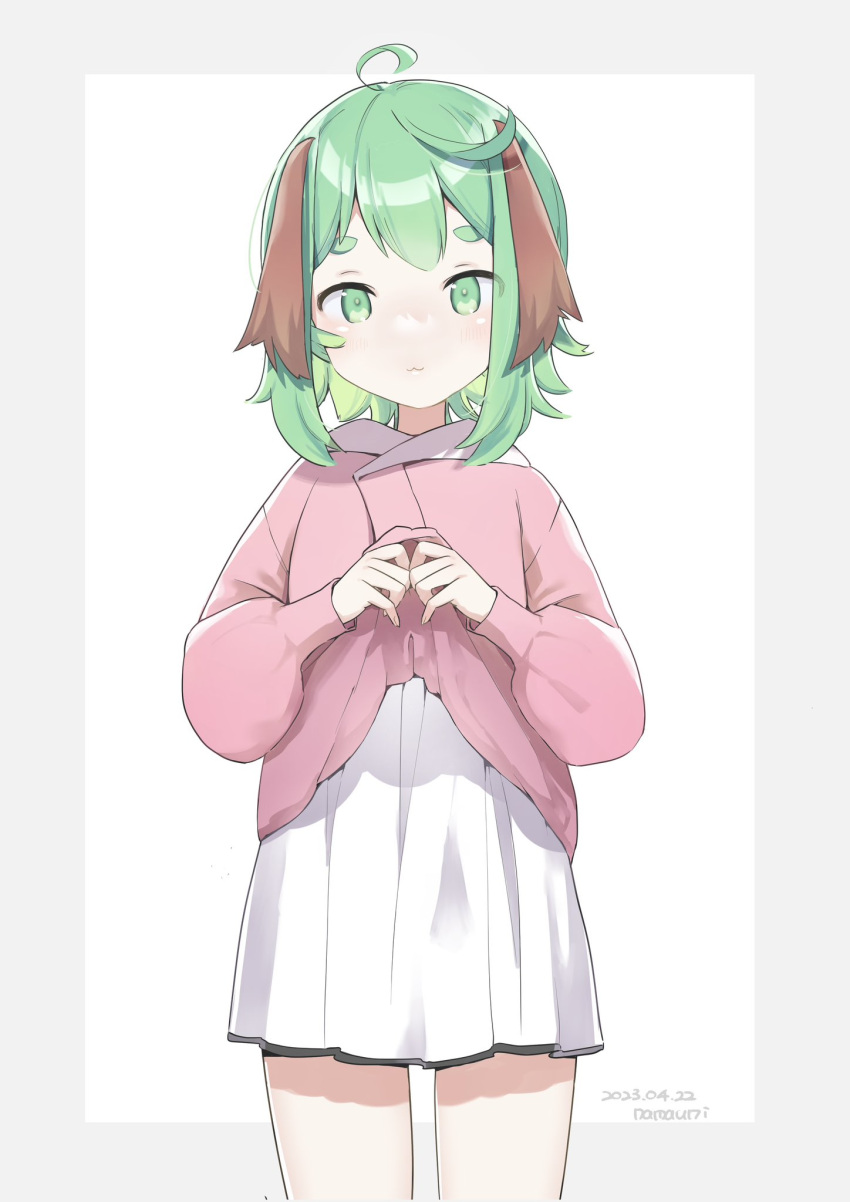 1girl :3 adapted_costume ahoge animal_ears artist_name blush closed_mouth cowboy_shot dated dog_ears dress green_eyes green_hair highres kasodani_kyouko long_sleeves looking_at_viewer namauni pink_dress short_eyebrows short_hair signature solo touhou two-tone_background white_dress