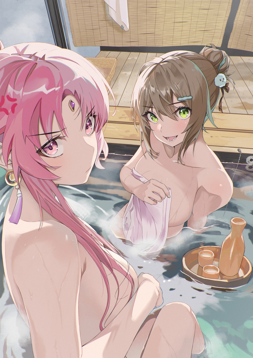 2girls :d absurdres anger_vein auguste breasts collarbone commentary_request completely_nude covering cup forehead_jewel fu_xuan_(honkai:_star_rail) green_eyes grey_hair highres honkai:_star_rail honkai_(series) large_breasts long_hair looking_at_viewer multiple_girls nude nude_cover open_mouth pink_eyes pink_hair qingque_(honkai:_star_rail) revision shared_bathing smile water