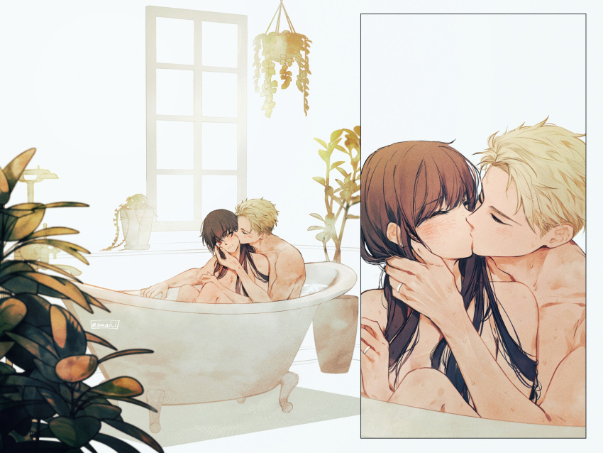 1boy 1girl artist_name bathing bathtub blush brown_hair closed_eyes closed_mouth completely_nude facing_back hand_on_another's_neck hetero highres husband_and_wife indoors jewelry kiss long_hair maiii_(smaii_i) multiple_views nude one_eye_closed plant ring sitting smile spy_x_family steam twilight_(spy_x_family) window yor_briar