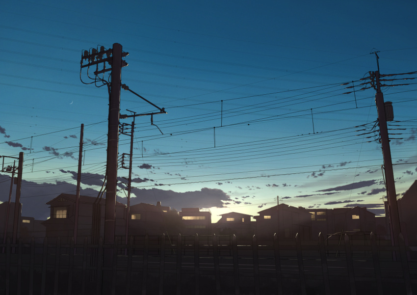 anyotete building car city cityscape cloud commentary crescent_moon day fence film_grain highres house moon motor_vehicle no_humans original outdoors power_lines railroad_tracks road scenery sky sunset utility_pole window