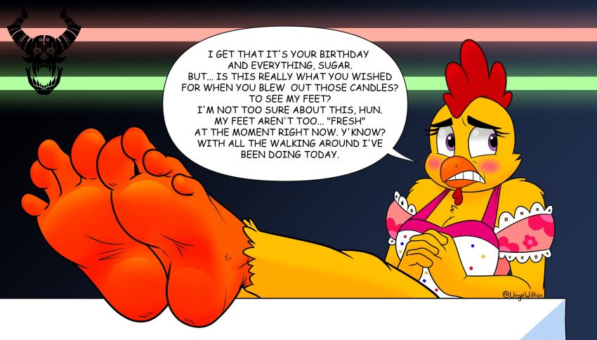 2022 4_toes anthro apron avian bird blush bodily_fluids chica_(fnaf) chicken clothing dialogue embarrassed english_text feathers feet feet_up female five_nights_at_freddy's foot_fetish foot_focus galliform gallus_(genus) hi_res humanoid_feet looking_away phasianid plantigrade scottgames soles solo sweat text the_urge_within toes yellow_body yellow_feathers