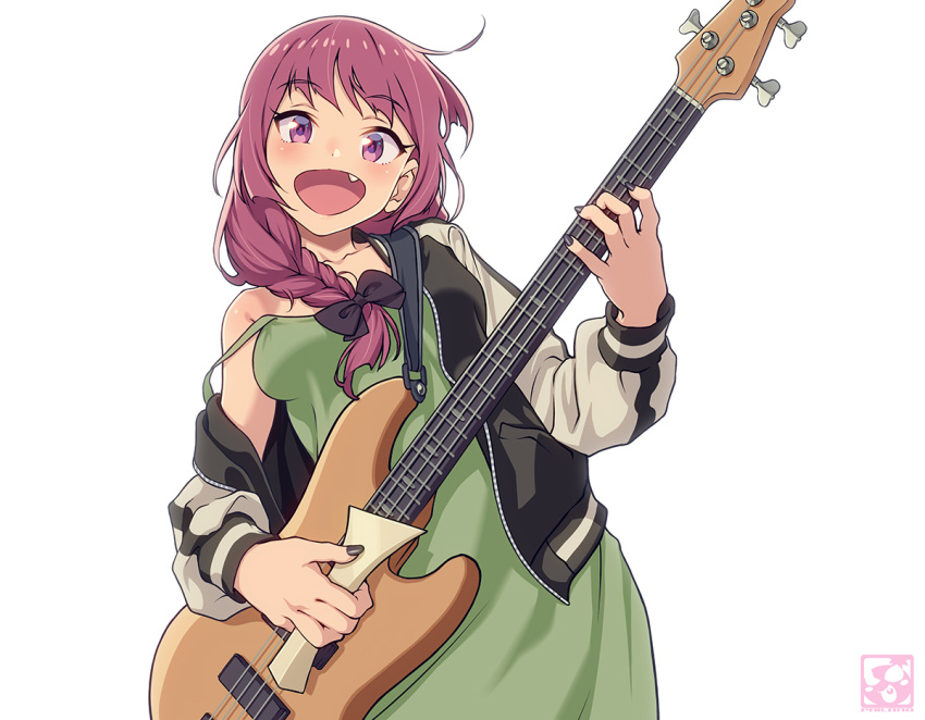 1girl bachi bass_guitar black_bow black_jacket black_nails bocchi_the_rock! bow braid breasts dress fang green_dress guitar hair_bow hiroi_kikuri holding holding_instrument instrument jacket open_mouth pairan plectrum purple_eyes purple_hair single_braid smile solo white_background