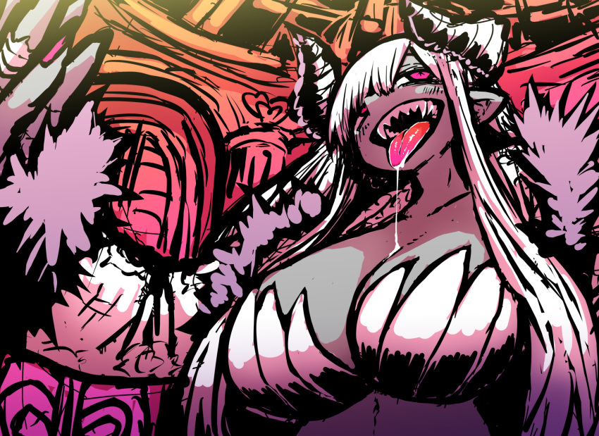 1girl aohada_bocchi bikini black_footwear blonde_hair blue_eyes breasts ceiling demon_horns demon_tail fur_coat fur_trim hair_over_one_eye halo hand_up heart highres horns huge_breasts indoors large_breasts limited_palette looking_at_viewer nail_polish pillar pink_eyes pink_nails pointy_ears saliva saliva_drip saliva_trail sera_(aohada_bocchi) shading_mismatch sharp_teeth smile solo swimsuit tail teeth tongue tongue_out upper_body white_bikini white_horns zyugoya
