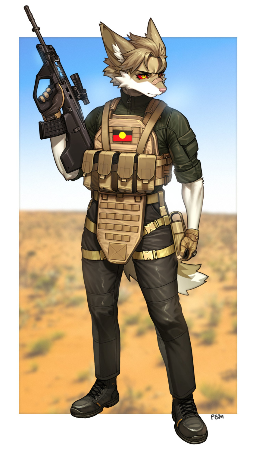 2023 absurd_res anthro assault_rifle band-aid band-aid_on_face band-aid_on_nose bandage bulletproof_vest canid canine clothing fur gloves gun hair handwear hi_res inner_ear_fluff male mammal pgm300 ranged_weapon red_sclera rifle short_hair solo steyr_aug tuft weapon yellow_eyes