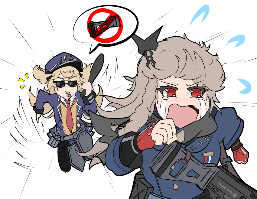 2girls absurdres atf award_ribbon baton_(weapon) belt_pouch blazer blonde_hair blowing_whistle blue_headwear blue_jacket blue_skirt brown_sweater_vest chasing clenched_hands commentary crying dsx english_commentary fingerless_gloves flying_sweatdrops girls'_frontline gloves gun gun_sling hair_ornament hand_up hat highres holding holding_weapon jacket light_brown_hair long_hair long_sleeves meme miniskirt multiple_girls necktie no_pupils notice_lines open_mouth peaked_cap pleated_skirt police police_uniform policewoman pouch red_eyes red_gloves red_necktie running shoulder_stock simple_background single_horizontal_stripe sketch skirt sp9_(girls'_frontline) speed_lines spoken_no_symbol spoken_object streaming_tears stribog_sp9 sunglasses super-shorty_(girls'_frontline) sweater_vest tears two_side_up uniform v-shaped_eyebrows wavy_mouth weapon whistle white_background