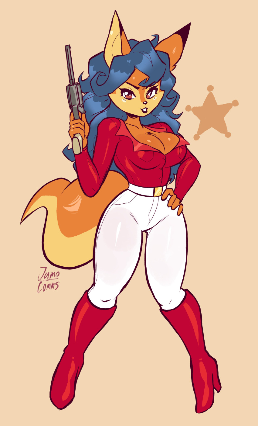 2023 5_fingers absurd_res anthro bad_trigger_discipline blue_hair boots bottomwear breasts canid canine carmelita_fox cleavage clothed clothing female fingers footwear fox fur gun hair hand_on_hip handgun hi_res high_heeled_boots high_heels holding_gun holding_handgun holding_object holding_revolver holding_weapon jamoart knee_boots knee_highs leggings legwear looking_at_viewer mammal medium_breasts orange_body orange_eyes orange_fur pants pose ranged_weapon red_boots red_clothing red_footwear red_topwear revolver simple_background sly_cooper_(series) solo sony_corporation sony_interactive_entertainment sucker_punch_productions tan_background topwear weapon white_bottomwear white_clothing white_leggings white_legwear white_pants