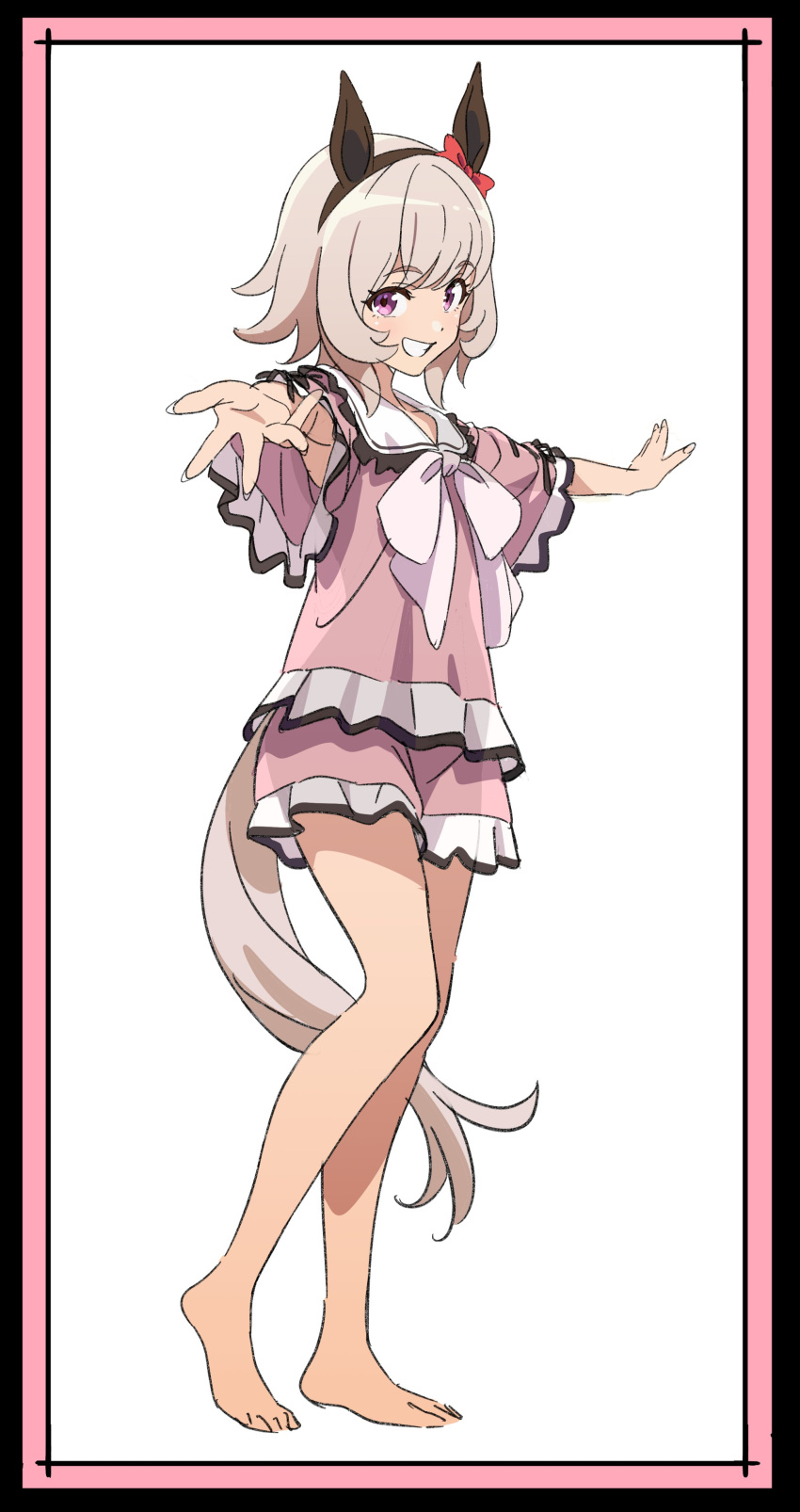 1girl absurdres alternate_costume animal_ears commentary_request curren_chan_(umamusume) full_body grin hair_ornament headband highres horse_ears horse_girl horse_tail lingerie looking_at_viewer medium_hair outstretched_arms purple_eyes see-through see-through_shirt simple_background smile solo spread_arms standing tail umamusume underwear white_background yamazaki_jun
