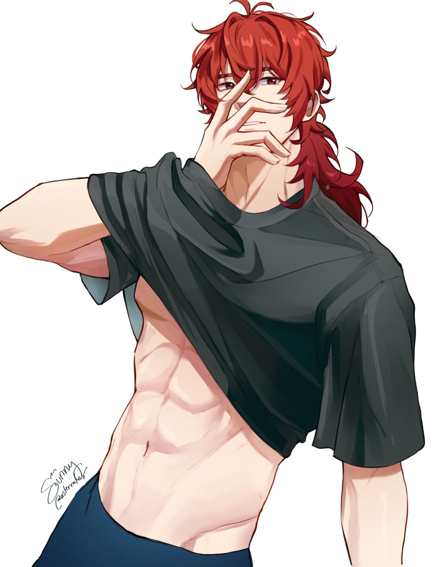 1boy abs asterrales black_shirt blue_pants clothes_lift covering_mouth diluc_(genshin_impact) genshin_impact guilty_challenge_(meme) hair_between_eyes hand_over_own_mouth highres long_hair male_focus meme muscular muscular_male navel pants red_eyes red_hair shirt shirt_lift smile solo stomach white_background