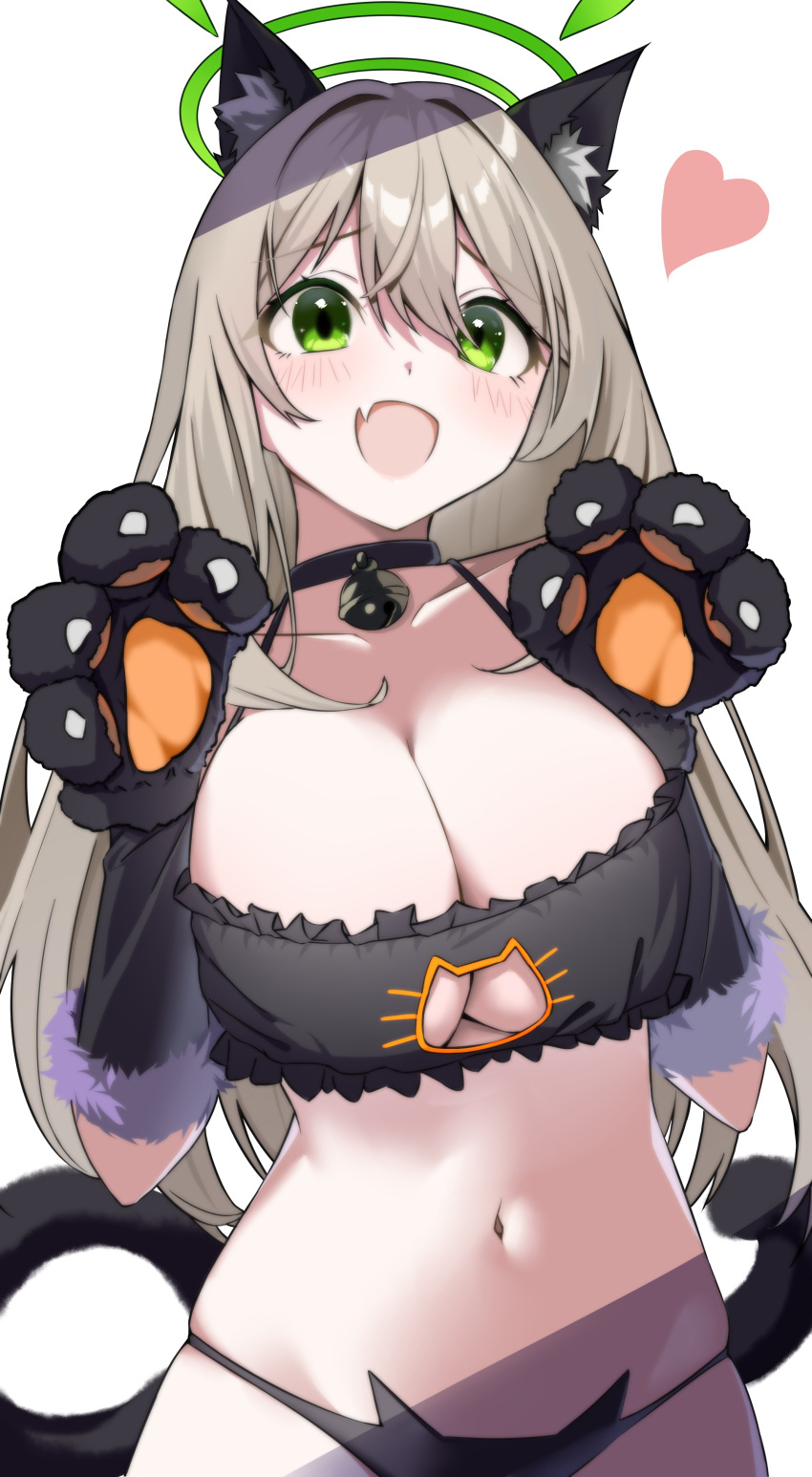 1girl absurdres animal_ears animal_hands black_bra black_gloves black_panties blue_archive blush bra breasts cat_cutout cat_ears cat_lingerie cat_paws cat_tail cleavage clothing_cutout collarbone fang gloves green_eyes green_halo halo heart highres large_breasts light_brown_hair looking_at_viewer meme_attire mizumok1 navel nonomi_(blue_archive) open_mouth panties paw_gloves simple_background skin_fang smile solo tail underwear upper_body white_background