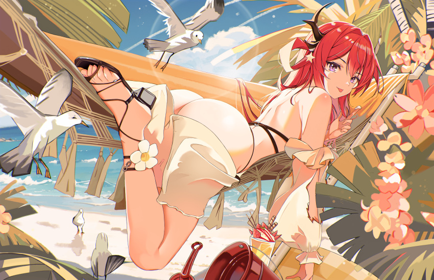 1girl absurdres arknights ass auguste back beach bikini bird black_bikini black_footwear blue_sky bucket cloud detached_sleeves flower hair_between_eyes hair_intakes hair_ornament hammock highres looking_at_viewer lying median_furrow ocean on_stomach palm_leaf palm_tree parfait purple_eyes red_hair seagull sidelocks sky solo star_(symbol) star_hair_ornament strappy_heels surtr_(arknights) surtr_(colorful_wonderland)_(arknights) swept_bangs swimsuit swimsuit_cover-up toes tongue tongue_out tree waving