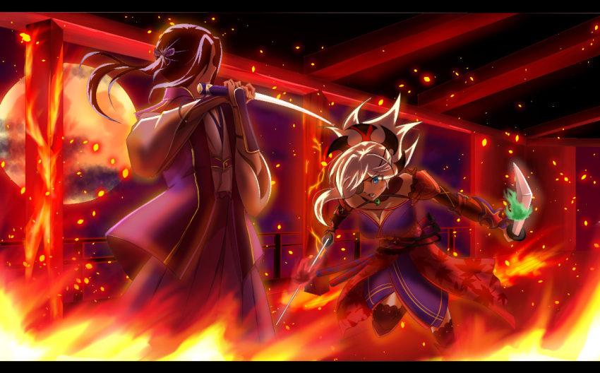 1boy 1girl burning burning_building eyepatch fate/grand_order fate_(series) fence fiery_background fighting fire full_moon holding holding_sword holding_weapon katana long_hair miyamoto_musashi_(fate) moon night night_sky sasaki_kojirou_(fate) sky sword weapon white_hair you26