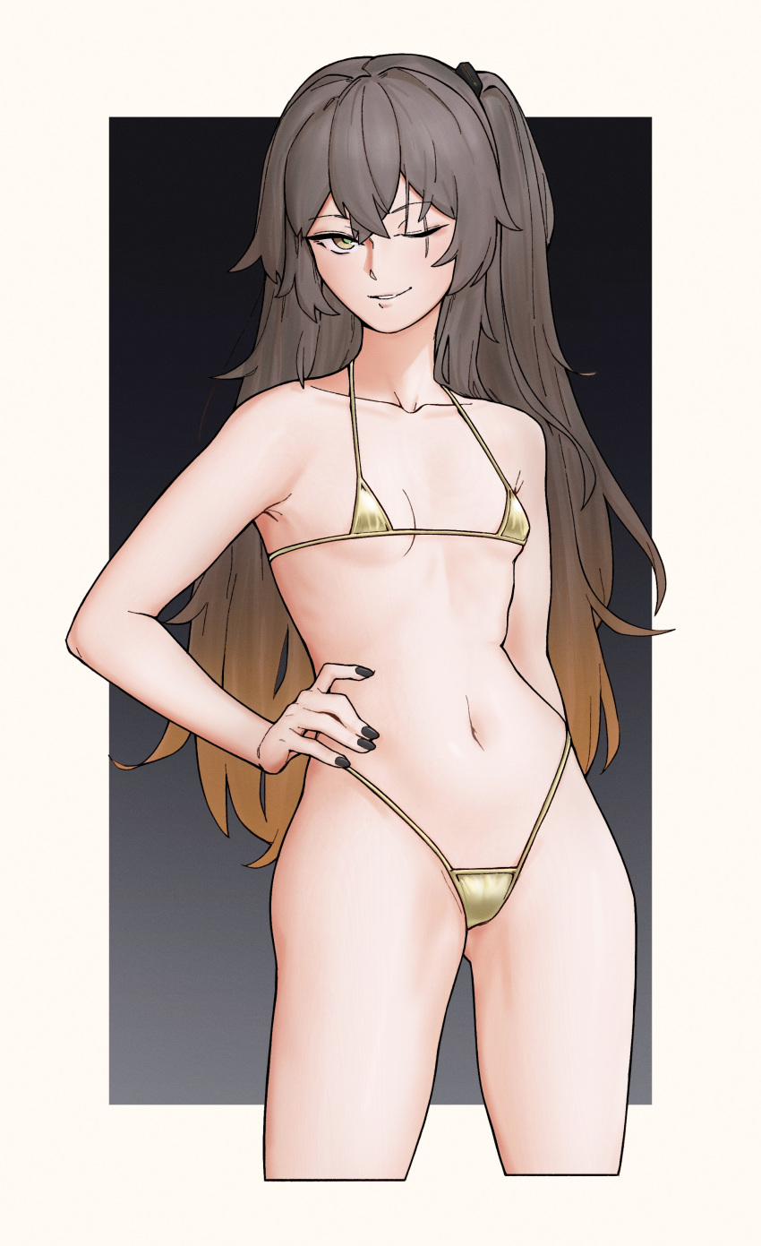 absurdres bikini black_nails breasts collarbone cowboy_shot emile_aoi girls'_frontline gradient_hair green_pupils hand_on_own_hip highres long_hair looking_at_viewer micro_bikini multicolored_eyes multicolored_hair nail_polish navel one_eye_closed one_side_up scar scar_across_eye simple_background small_breasts smile smirk swimsuit ump45_(girls'_frontline) yellow_bikini yellow_eyes