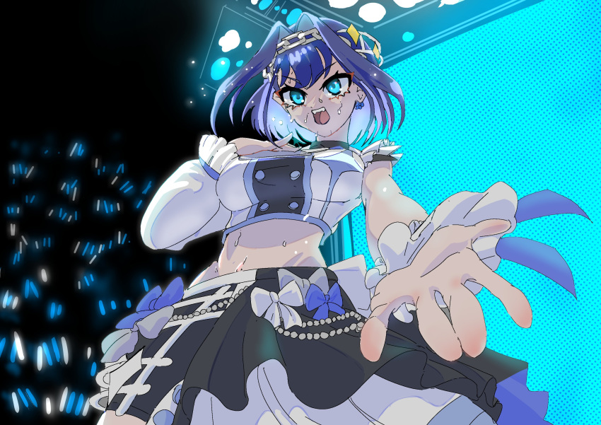 1girl asymmetrical_sleeves backlighting blue_eyes blue_hair blurry bow bow_earrings breasts chain chain_headband depth_of_field earrings english_commentary eyelashes flying_sweatdrops foreshortening glowstick hair_intakes highres holocouncil hololive hololive_english hololive_idol_uniform_(bright) idol idol_clothes jewelry koizumi_arata large_breasts music navel ouro_kronii short_hair singing stage stage_lights stomach sweat virtual_youtuber