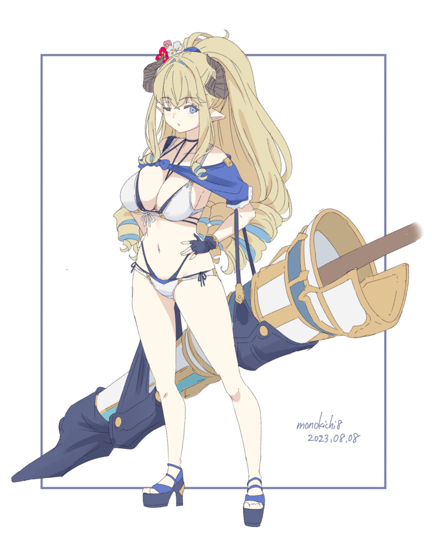 1girl artist_name bikini blonde_hair blue_eyes blue_hair breasts commentary_request dated draph drill_hair flower full_body granblue_fantasy hair_flower hair_ornament hands_on_own_hips highres horns kichihachi large_breasts long_hair multicolored_hair navel one_eye_closed pointy_ears razia sandals solo standing swimsuit sword two-tone_hair weapon white_background white_bikini