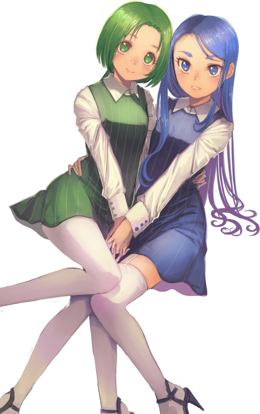 2girls absurdres akimoto_komachi arm_around_waist blue_dress blue_eyes blue_footwear blue_hair bob_cut brooch casual closed_mouth commentary_request dress dress_shirt dutch_angle garter_straps green_dress green_eyes green_footwear green_hair high_heels highres holding_hands interlocked_fingers jewelry jj_(ssspulse) long_sleeves looking_at_another matching_outfits minazuki_karen multiple_girls pantyhose parted_lips pinafore_dress precure shirt short_dress side-by-side simple_background sleeveless sleeveless_dress smile standing standing_on_one_leg striped striped_thighhighs swept_bangs thighhighs vertical-striped_thighhighs vertical_stripes white_background white_shirt white_thighhighs wing_brooch yes!_precure_5
