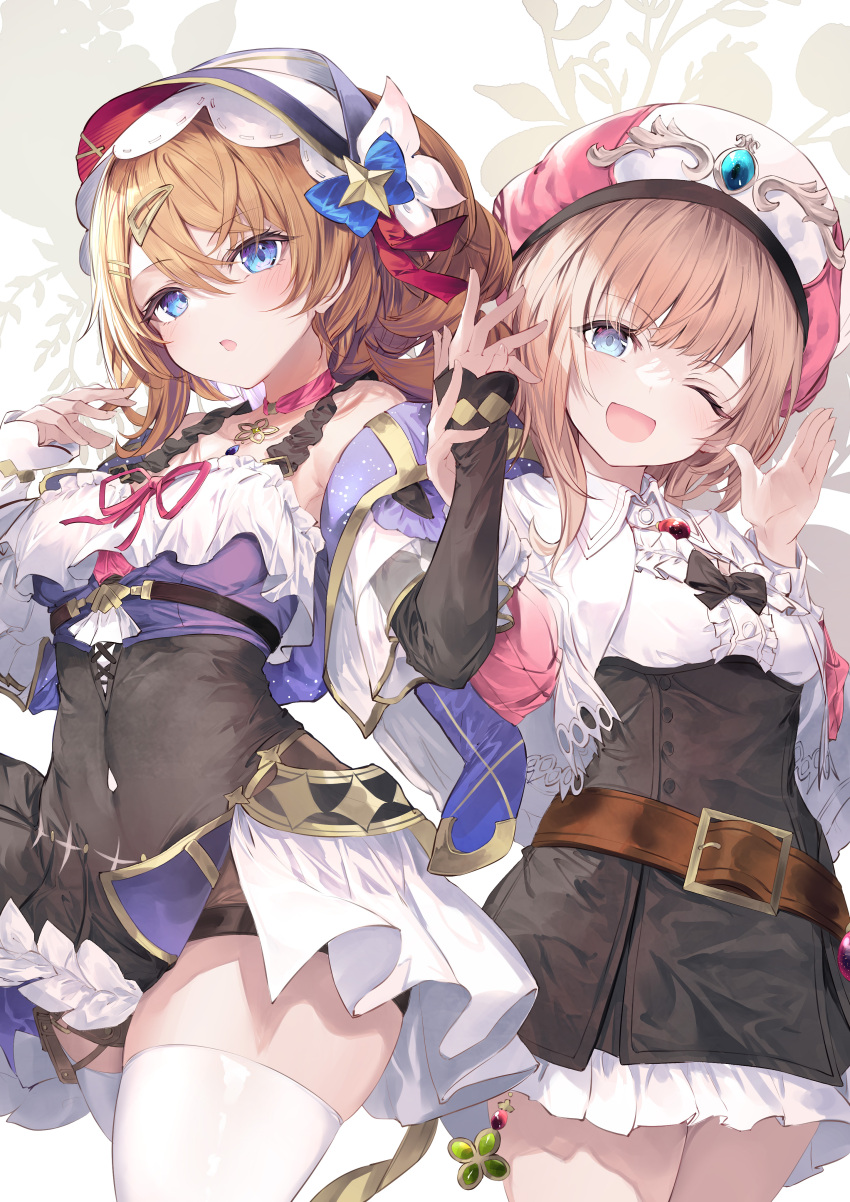 2girls :d absurdres atelier_(series) atelier_resleriana atelier_rorona belt black_bow black_skirt blue_eyes bow brown_belt brown_hair center_frills chestnut_mouth collar collared_shirt detached_sleeves fal_maro frills hair_between_eyes hair_ornament highres holding_hands light_brown_hair long_sleeves looking_at_viewer multiple_girls one_eye_closed open_mouth pink_headwear resna_sternenricht rororina_fryxell shirt skirt smile thick_thighs thighhighs thighs triangle_hair_ornament white_collar white_thighhighs