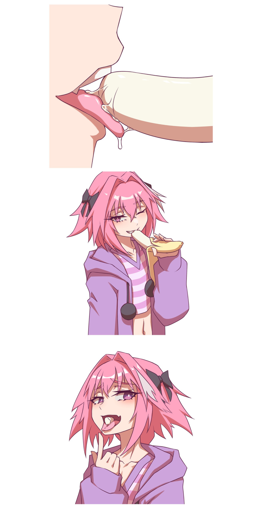 1boy absurdres androgynous astolfo_(fate) astolfo_(memories_at_trifas)_(fate) banana_peel black_bow bow braid crossdressing fang fate/apocrypha fate/grand_order fate_(series) hair_ribbon hej_(mugmnm51) highres hood hoodie jacket long_braid long_hair long_sleeves looking_at_viewer male_focus multicolored_hair navel official_alternate_costume open_mouth otoko_no_ko pink_hair purple_eyes purple_hoodie purple_jacket ribbon shirt single_braid skin_fang smile streaked_hair striped striped_shirt