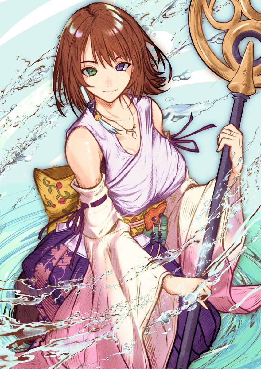 1girl back_bow bare_shoulders beads black_bra boots bow bra breasts brown_footwear detached_sleeves final_fantasy final_fantasy_x green_eyes hair_beads hair_ornament heterochromia highres holding holding_staff japanese_clothes jewelry kneeling large_breasts long_skirt long_sleeves looking_at_viewer medium_hair necklace nontraditional_miko obi pleated_skirt purple_eyes purple_skirt ring sash shirt skirt smile solo staff temoc underwear water white_shirt white_sleeves wide_sleeves yuna_(ff10)