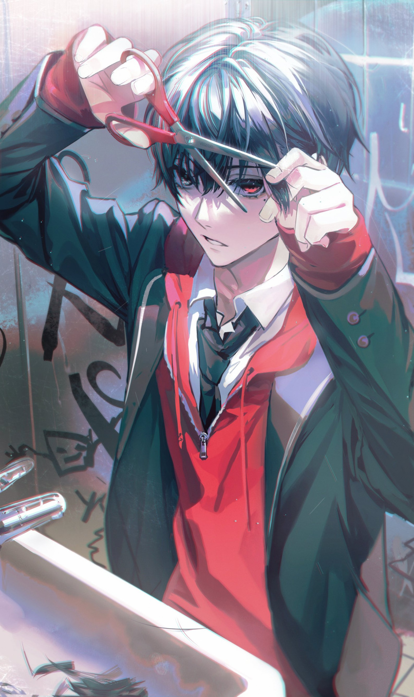 1boy absurdres black_hair black_jacket black_necktie collared_shirt commentary_request cutting_hair cutting_own_hair drawstring grey_eyes hair_between_eyes hands_up heterochromia highres holding holding_scissors hood hood_down hoodie indoors jacket kuzuha_(nijisanji) long_sleeves looking_at_viewer male_focus mole mole_under_eye necktie nijisanji open_clothes open_jacket parted_bangs red_eyes red_hoodie scissors shirt short_hair sink solo standing tile_wall tiles virtual_youtuber white_shirt zhenzi_hashibami zipper zipper_pull_tab