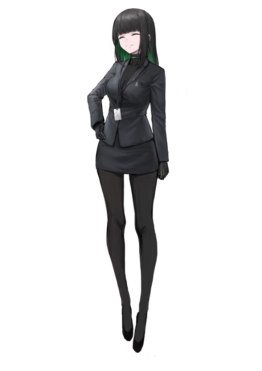 1girl absurdres allmind_(armored_core_6) armored_core armored_core_6 black_gloves black_hair black_jacket black_pantyhose black_suit closed_eyes colored_inner_hair gloves green_hair highres jacket jsli48763 lanyard long_hair multicolored_hair pantyhose personification shoes smile solo suit white_background