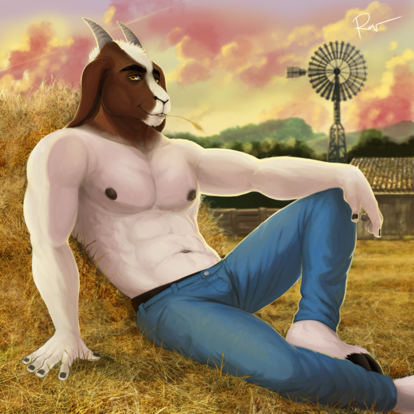 abs anthro barechested barn biceps bottomwear bovid bulge caprine clothed clothing denim denim_clothing farm goat hand_on_knee hand_on_leg hay hi_res horn jeans knee_up leaning leaning_back looking_at_viewer male mammal manly muscular navel nipples on_hay outside pants pecs reclining rov shirtless shirtless_male sitting smile solo straw_in_mouth topless topless_male triceps windmill yellow_eyes