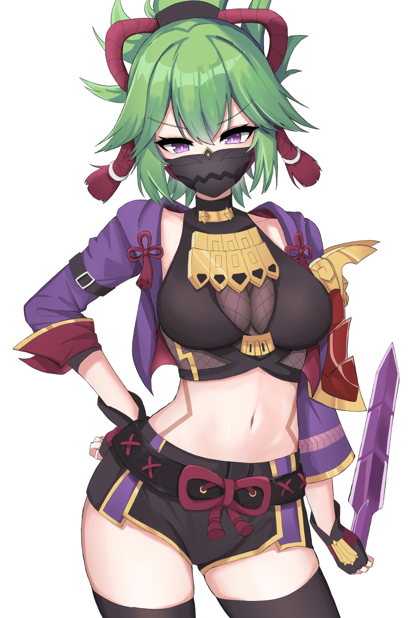 1girl absurdres black_gloves black_shirt black_shorts black_thighhighs breasts commentary_request cowboy_shot crop_top dagger fahufahu fingerless_gloves genshin_impact gloves green_hair hair_between_eyes highres holding holding_dagger holding_knife holding_weapon jacket knife kuki_shinobu large_breasts long_sleeves looking_at_viewer mask midriff mouth_mask navel open_clothes open_jacket purple_eyes purple_jacket shirt short_hair short_shorts shorts simple_background solo standing stomach thighhighs thighs weapon white_background