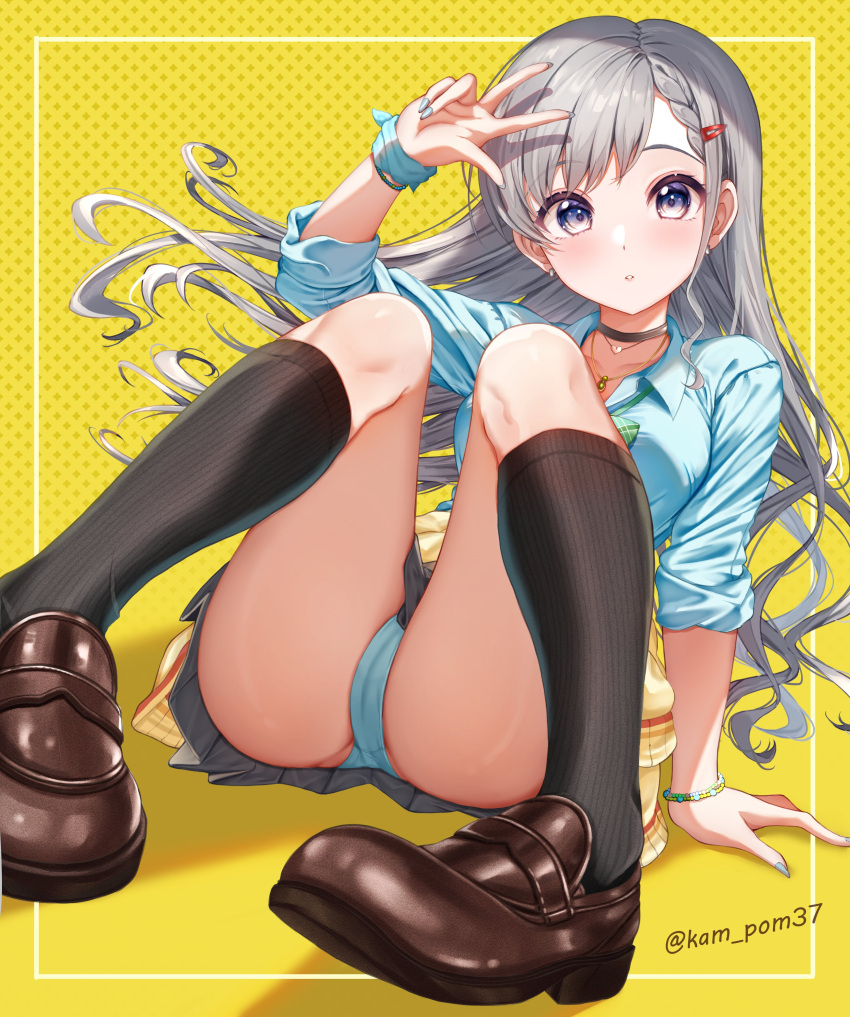 1girl absurdres arm_support black_choker black_socks blue_panties blue_shirt bow bowtie bracelet breasts brown_footwear choker clothes_around_waist commentary_request expressionless green_bow green_bowtie grey_eyes grey_hair grey_skirt gyaru gyaru_v hair_ornament hairclip hand_up highres hisakawa_hayate idolmaster idolmaster_cinderella_girls jewelry legs long_hair long_sleeves looking_at_viewer medium_breasts nail_polish necklace on_floor panties pantyshot parted_lips pleated_skirt polka_dot polka_dot_background scrunchie shadow shirt sitting skirt sleeves_pushed_up socks solo sweater sweater_around_waist thighs twitter_username underwear v wavy_hair wrist_scrunchie yellow_background yellow_sweater yugao_(kam_pom37)