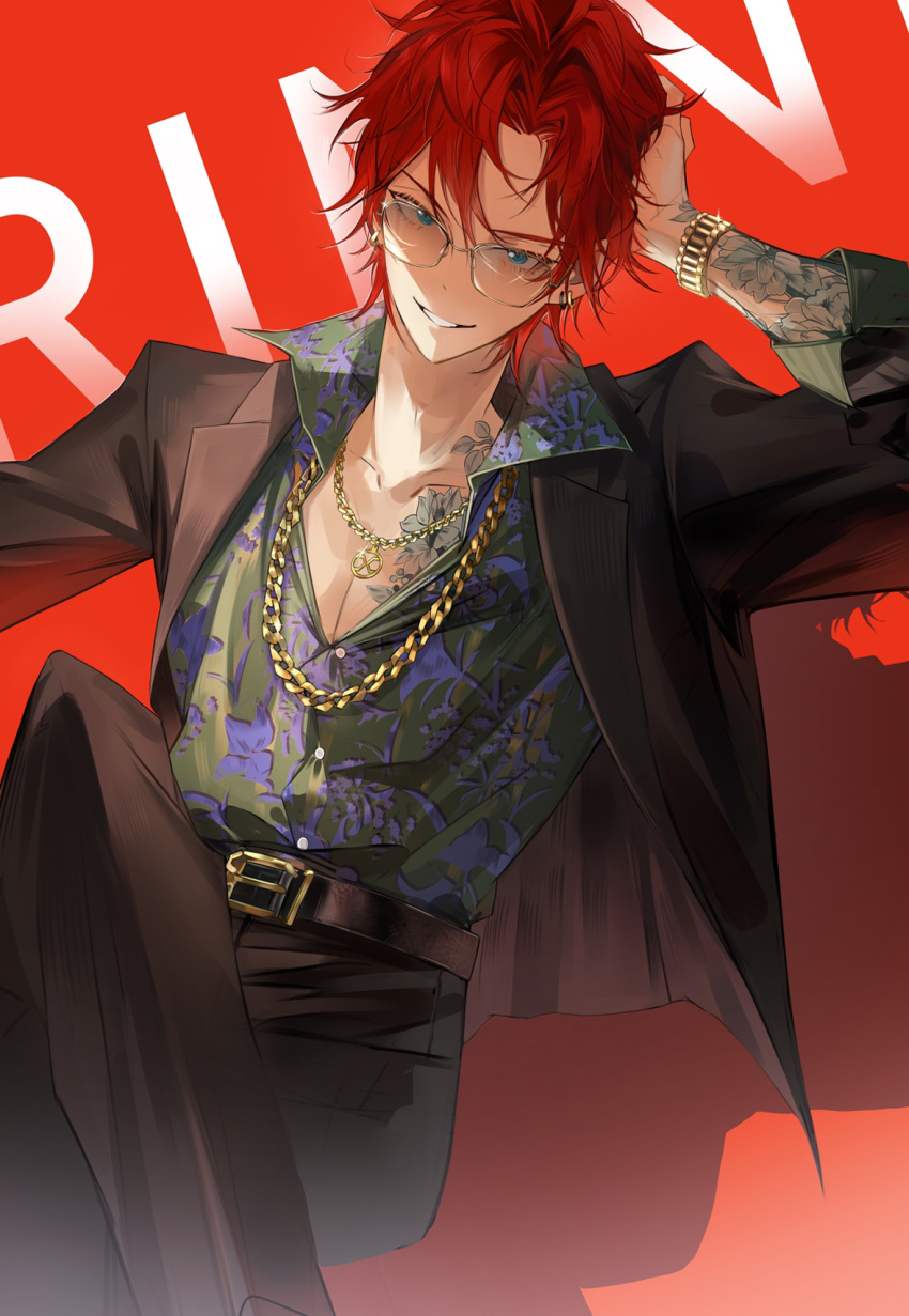 1boy alternate_costume amagi_rinne arm_tattoo belt belt_buckle black_belt black_jacket black_pants blue_eyes buckle chain_necklace character_name chest_tattoo chinese_commentary commentary_request cowboy_shot drop_shadow ensemble_stars! eyelashes floral_print flower flower_tattoo green_shirt grin hand_up highres jacket jewelry looking_at_viewer male_focus messy_hair necklace open_clothes open_jacket open_shirt pants pectorals purple_flower red_background red_hair sanse_(sssei_33) shirt simple_background smile solo sunglasses tattoo tinted_eyewear watch wristwatch
