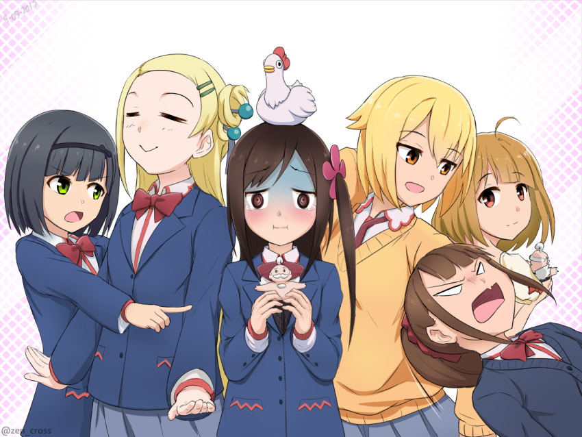 6+girls animal artist_request bird black_hair blonde_hair brown_hair chicken closed_eyes flower_hairband green_eyes hair_ornament hair_scrunchie hairband hitori_bocchi hitoribocchi_no_marumaru_seikatsu honshou_aru kurai_kako multiple_girls open_mouth red_eyes school_uniform scrunchie shaded_face side_ponytail sotoka_rakita sunao_nako yawara_kai yellow_eyes