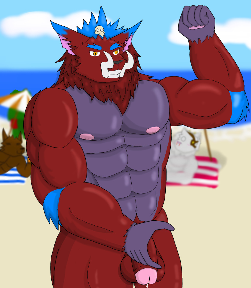 absurd_res anthro balls beach big_balls big_penis bodily_fluids bone clothing dragon_reany fangs fur genital_fluids genitals gnar_(lol) grin hair headgear headwear hi_res humanoid_genitalia humanoid_penis league_of_legends male mega_gnar_(lol) muscular muscular_male navel neck_tuft nipples nude penis posed pubes red_body red_fur riot_games seaside skull smile solo teeth tuft yordle