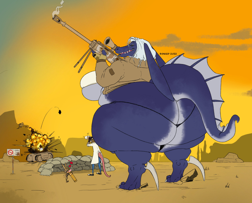 absurd_res anthro aquatic_dragon asinus badass_woman big_breasts big_butt blue_body blue_scales blue_skin bonkedgrumpus bottomless breasts butt claws clothed clothing donkey dragon equid equine explosion female fin fin_frill frill_(anatomy) group gun hair hi_res huge_breasts huge_butt hybrid male mammal marine membrane_(anatomy) membranous_frill military_gloves military_jacket monster ranged_weapon rifle scales scope skimpy skimpy_thong smoking_gun sniper_rifle tail tail_fin tank thong toe_claws topwear topwear_only trio trio_focus under_boob underwear vehicle weapon white_hair
