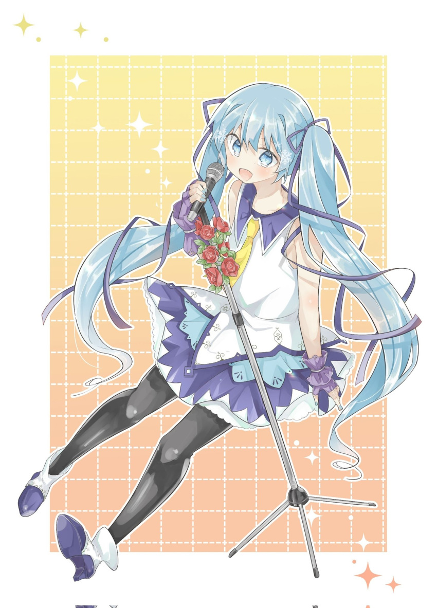 1girl aqua_eyes aqua_hair aqua_nails bare_arms black_pantyhose boots border collar corrupted_twitter_file fingerless_gloves floating flower full_body gloves grid_background hair_ribbon hatsune_miku high_heel_boots high_heels highres holding holding_microphone layered_skirt long_hair looking_at_viewer microphone microphone_stand mikosawa_megumi miniskirt nail_polish necktie no_cloak no_headwear open_mouth pantyhose purple_collar purple_gloves purple_ribbon purple_skirt red_flower red_rose ribbon rose shirt skirt sleeveless sleeveless_shirt smile solo sparkle textless_version treble_clef twintails variant_set very_long_hair vocaloid white_border white_footwear white_shirt yellow_necktie yuki_miku yuki_miku_(2014)