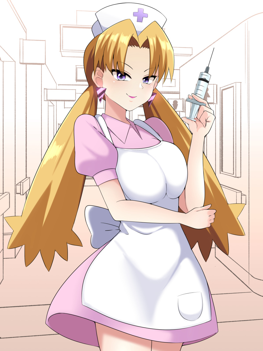 1girl absurdres apron blonde_hair breasts cassidy_(pokemon) commission dress earrings hat highres indoors jewelry kurorettsu long_hair medium_breasts nurse nurse_cap parted_bangs pink_dress pixiv_commission pokemon pokemon_(anime) purple_eyes smile standing syringe twintails very_long_hair