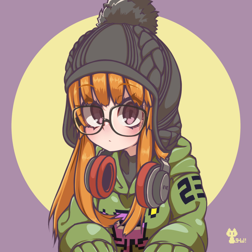 1girl :&lt; absurdres black-framed_eyewear black_headwear bobblehat closed_mouth eyelashes eyes_visible_through_hair glasses green_hoodie hat headphones headphones_around_neck highres hood hood_down hoodie knit_hat long_hair long_sleeves looking_at_viewer orange_hair persona persona_5 persona_5_the_royal pink_eyes sakumochi_(pixiv4431677) sakura_futaba solo