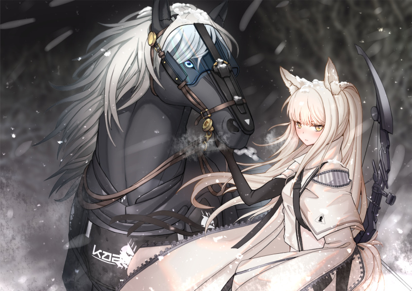 1girl animal_ear_fluff animal_ears arknights black_gloves black_horse blush bow_(weapon) breath gloves glowing glowing_eye horse horse_ears horse_girl horse_tail kong_(ksw2801) platinum_(arknights) snow snow_on_head solo tail weapon white_hair yellow_eyes