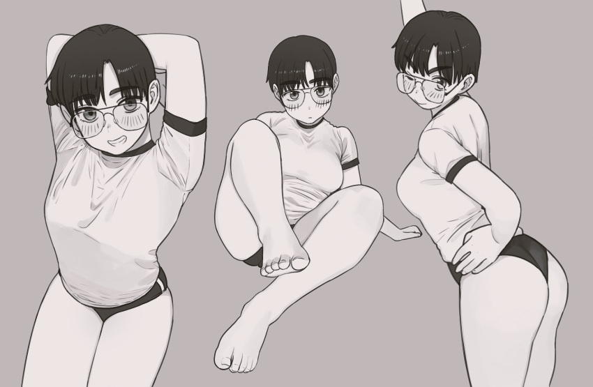 1girl arms_behind_head arms_up ass barefoot blush breasts buruma closed_mouth feet glasses grin gym_shirt gym_uniform highres looking_at_viewer medium_breasts monamin multiple_views original parted_lips shirt short_hair short_sleeves smile solo teeth underwear