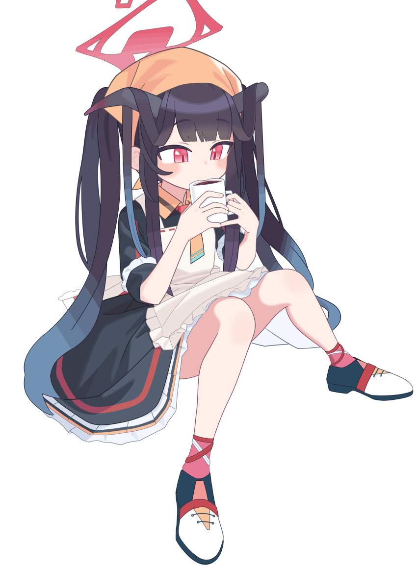 1girl absurdres apron black_dress black_hair blue_archive blue_hair blush cup dress drinking frilled_apron frills full_body fuuka_(blue_archive) gradient_hair hair_on_horn halo head_scarf highres holding holding_cup horns invisible_chair long_hair mabera mug multicolored_hair red_eyes shoes short_sleeves sidelocks simple_background sitting socks solo twintails very_long_hair white_background