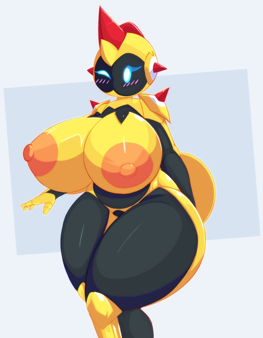 areola armor big_breasts black_body blue_eyes blush blush_lines breasts falinks female gardegu generation_8_pokemon headgear helmet hi_res huge_breasts huge_thighs humanoid multicolored_body nintendo nipples not_furry pokemon pokemon_(species) solo standing thick_thighs wide_hips yellow_body