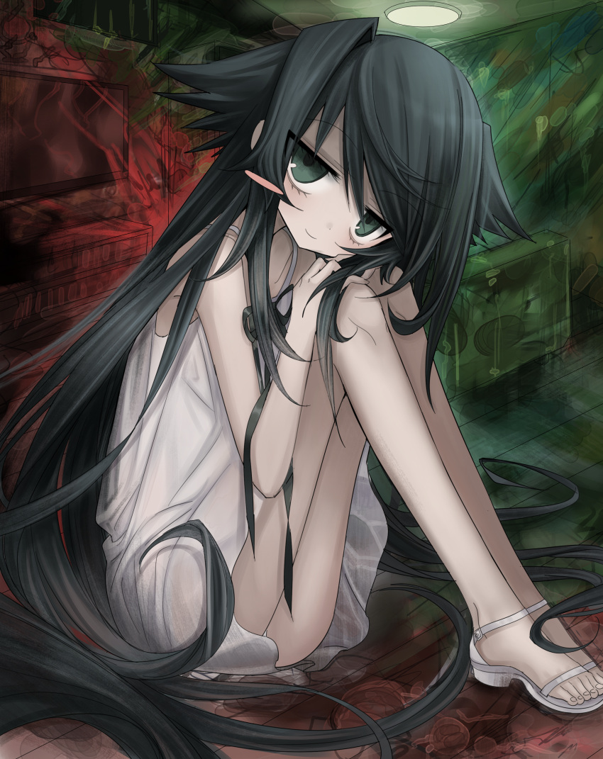 1girl absurdres bags_under_eyes black_hair blush closed_mouth dress green_eyes high_heels highres long_hair long_legs looking_at_viewer meyou_0319 sandals saya_(saya_no_uta) saya_no_uta sitting solo television toenails toes white_dress white_footwear