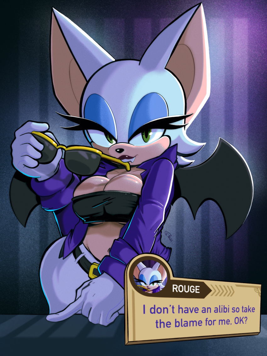 2023 absurd_res anthro bat belt breasts cleavage clothed clothing eyeshadow eyewear female fur gloves green_eyes handwear hi_res lipstick looking_at_viewer makeup mammal narrowed_eyes navel roboticsteve rouge_the_bat sega solo sonic_the_hedgehog_(series) sunglasses tan_body tan_skin text_box the_murder_of_sonic_the_hedgehog white_body white_fur wings