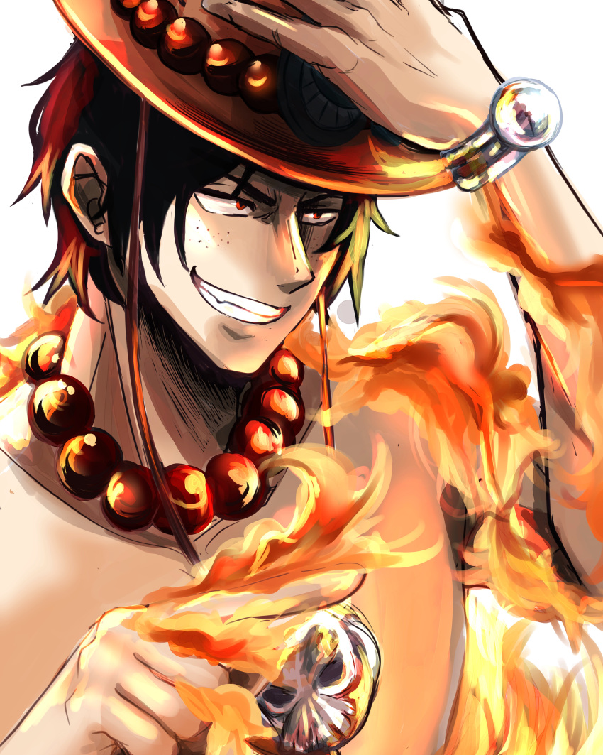 1boy absurdres black_hair fire freckles hat highres holding holding_clothes holding_hat jewelry muu_started_drawing necklace one_piece pointing portgas_d._ace red_eyes simple_background smile solo topless_male white_background