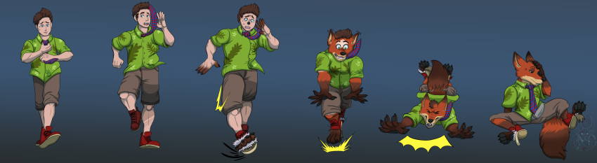 2019 4_toes absurd_res anthro bottomwear brown_body brown_hair canid canine claws clothed clothing digital_drawing_(artwork) digital_media_(artwork) disney erection erection_under_clothing eyes_closed feet footwear fox green_eyes hair hi_res human justinfox male mammal necktie nick_wilde open_mouth orange_body pants shirt shoes simple_background solo teeth toes topwear transformation transformation_sequence zootopia