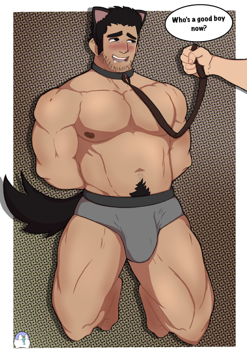 2boys abs animal_collar bara beard_stubble black_hair blush boxer_briefs bulge collar dog_tail english_text fake_tail furrowed_brow ginger_alex_(drawingsns1uff) grey_male_underwear highres holding holding_leash human_dog kneeling large_pectorals leash looking_at_another lucas_lee male_focus male_underwear multiple_boys muscular muscular_male navel nipples pectorals pet_play scott_pilgrim_takes_off short_hair smile solo_focus stomach tail thick_eyebrows thick_navel_hair thick_thighs thighs topless_male underwear yaoi