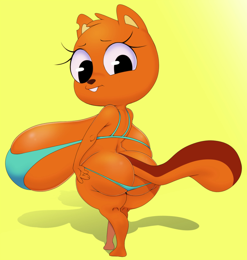 anthro big_breasts big_butt bikini black_eyes breasts buckteeth butt clothing female hi_res huge_breasts hyper hyper_breasts kiff_(series) kiff_chatterley looking_back mammal orange_body rodent sbshouseofpancakes sciurid solo swimwear teeth thick_thighs tree_squirrel wide_hips