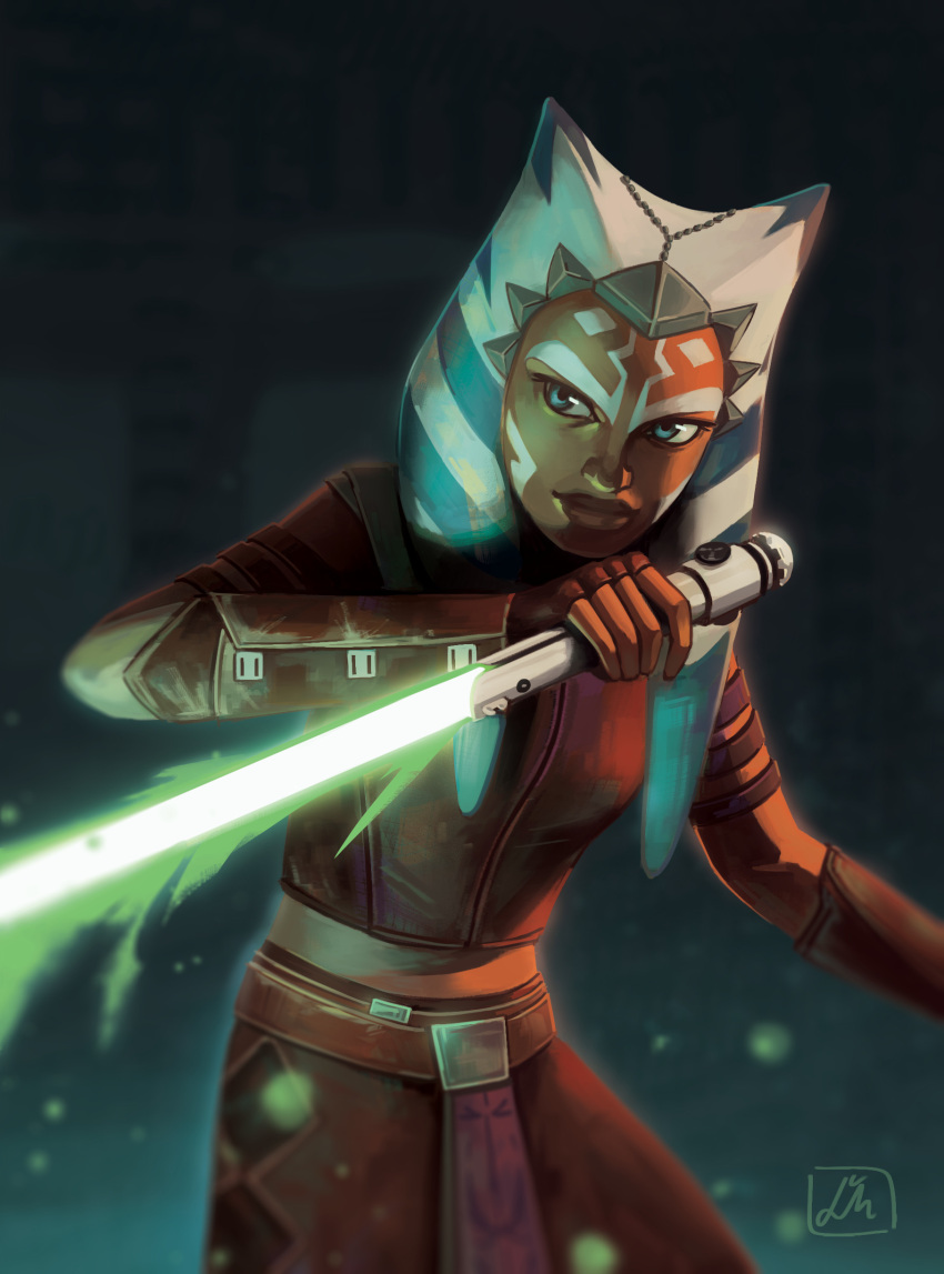 1girl absurdres ahsoka_tano alien artist_logo belt blue_eyes colored_skin energy_sword fingerless_gloves gloves green_lightsaber highres holding_lightsaber jedi lightsaber lmakoova looking_to_the_side orange_skin reverse_grip solo star_wars star_wars:_the_clone_wars sword togruta vambraces watermark weapon