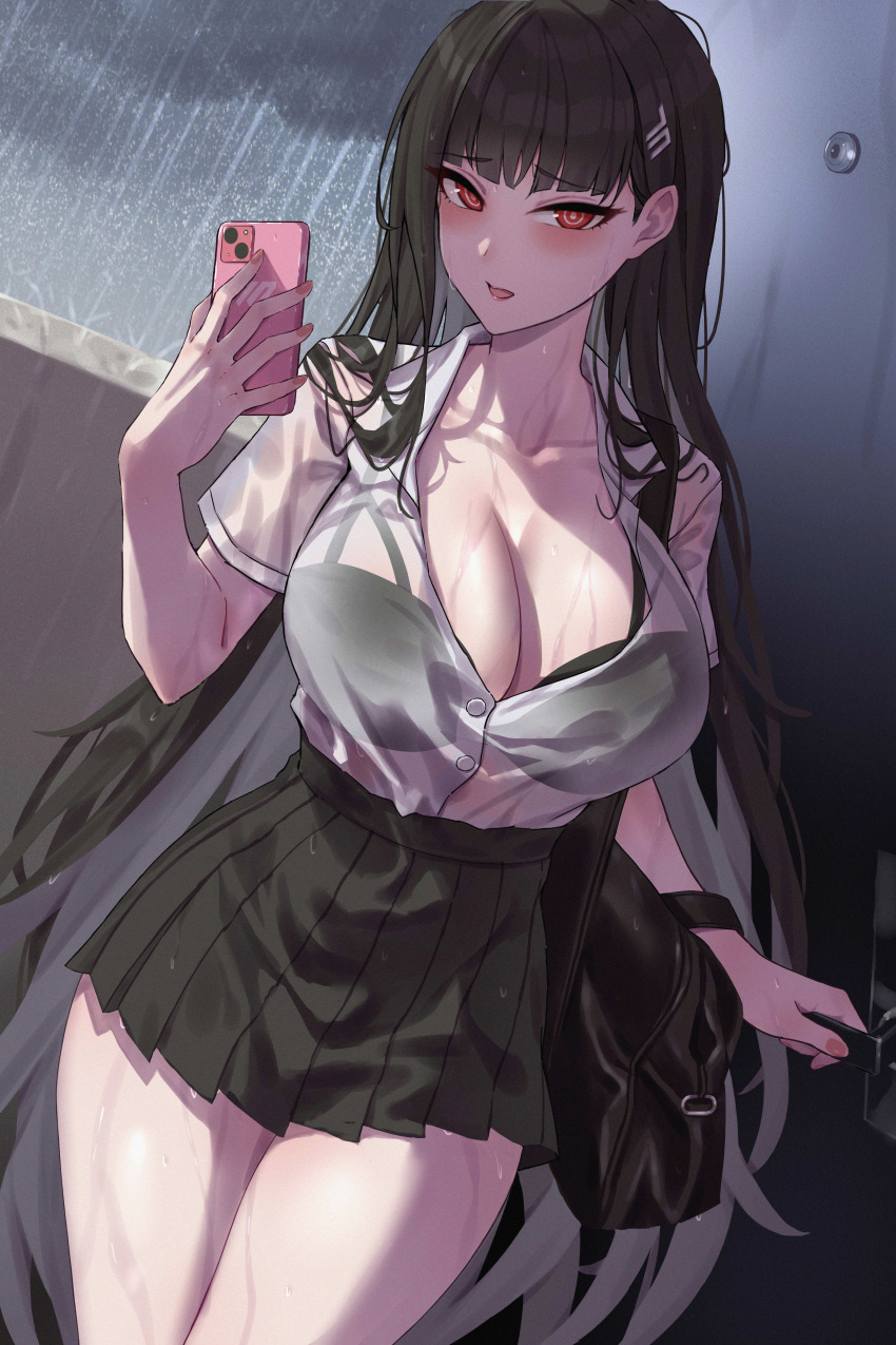 1girl absurdres black_bra black_hair black_skirt blue_archive blush bra bra_visible_through_clothes breasts cellphone cleavage collarbone collared_shirt highres holding holding_phone large_breasts long_hair looking_at_viewer open_mouth phone pleated_skirt rain red_eyes rio_(blue_archive) shirt shirt_tucked_in short_sleeves skirt smartphone solo thighs underwear wet wet_clothes wet_shirt white_shirt yukiaka