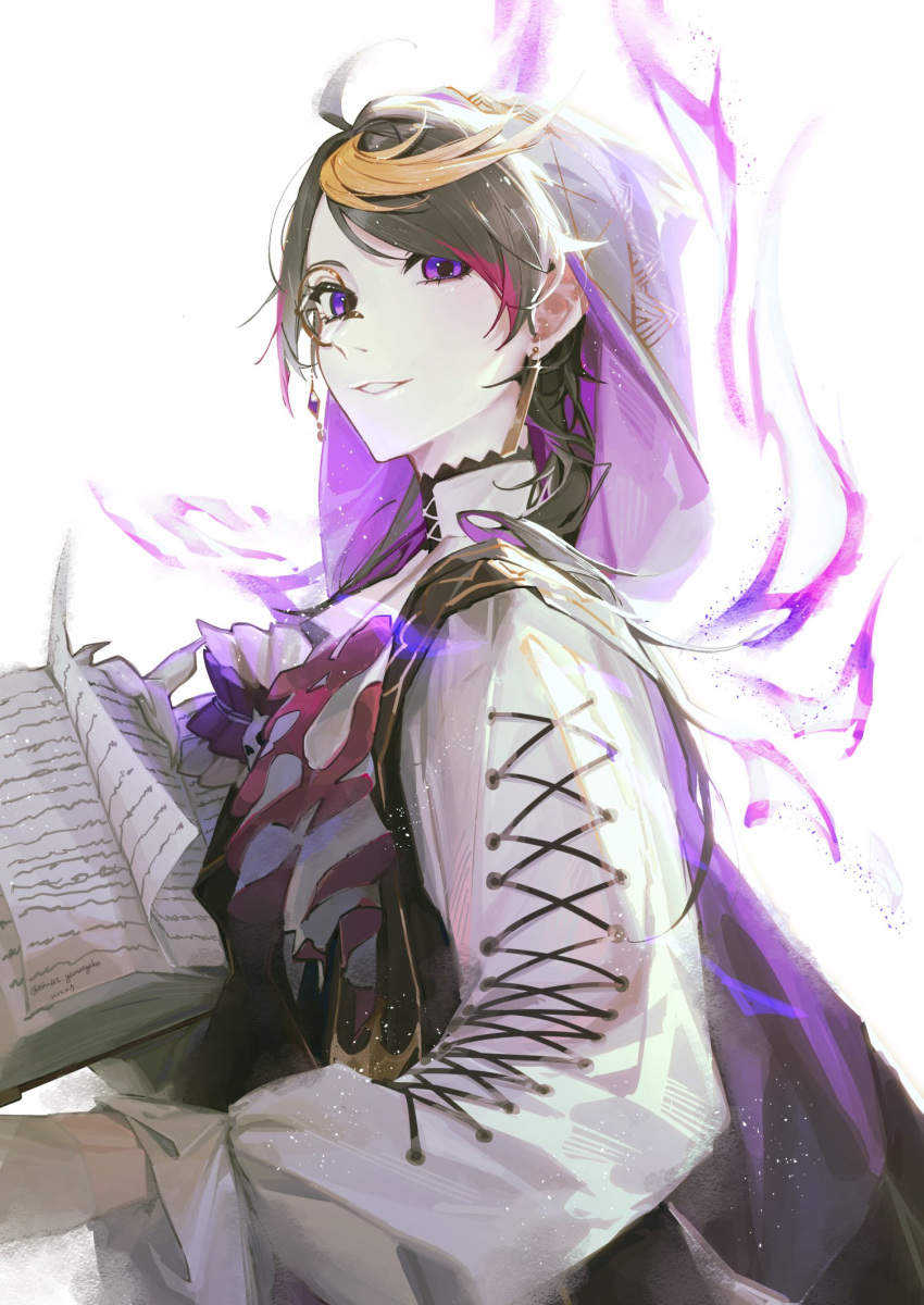 1boy ahoge ascot aura black_cape black_hair black_vest blonde_hair book cape cross-laced_clothes earrings fire gloves highres holding holding_book hood hood_up hooded_cape jewelry long_sleeves looking_at_viewer looking_to_the_side male_focus medium_hair monocle multicolored_hair nijisanji nijisanji_en official_alternate_costume open_book parted_lips pink_hair puffy_long_sleeves puffy_sleeves purple_eyes purple_fire shirt shu_yamino simple_background skn smile solo streaked_hair swept_bangs upper_body vest virtual_youtuber white_ascot white_background white_gloves white_shirt