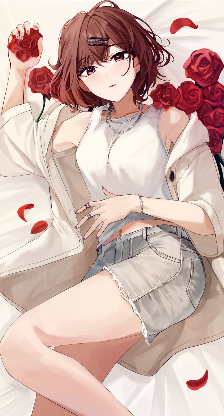 1girl absurdres bare_legs blush bracelet breasts brown_hair feet_out_of_frame flower grey_shorts highres higuchi_madoka holding holding_flower idolmaster idolmaster_shiny_colors jacket jewelry looking_at_viewer lying medium_breasts mole mole_under_eye on_back petals red_eyes red_flower red_rose ring rose rosu_1109 shorts solo tank_top white_jacket white_tank_top